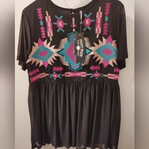 🦋Crazy Train Black Blouse with Pink and Teal Patterns